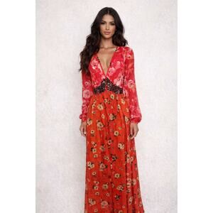 ATTICO Red Pink Silk Floral Print Button Front Maxi Dress size Small REPAIRED